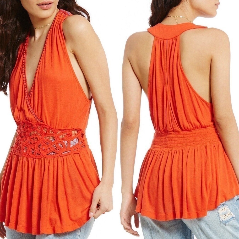 Free People Megan Crochet Embroidered Tank in Hot Coral Red - Sz. Small NWT